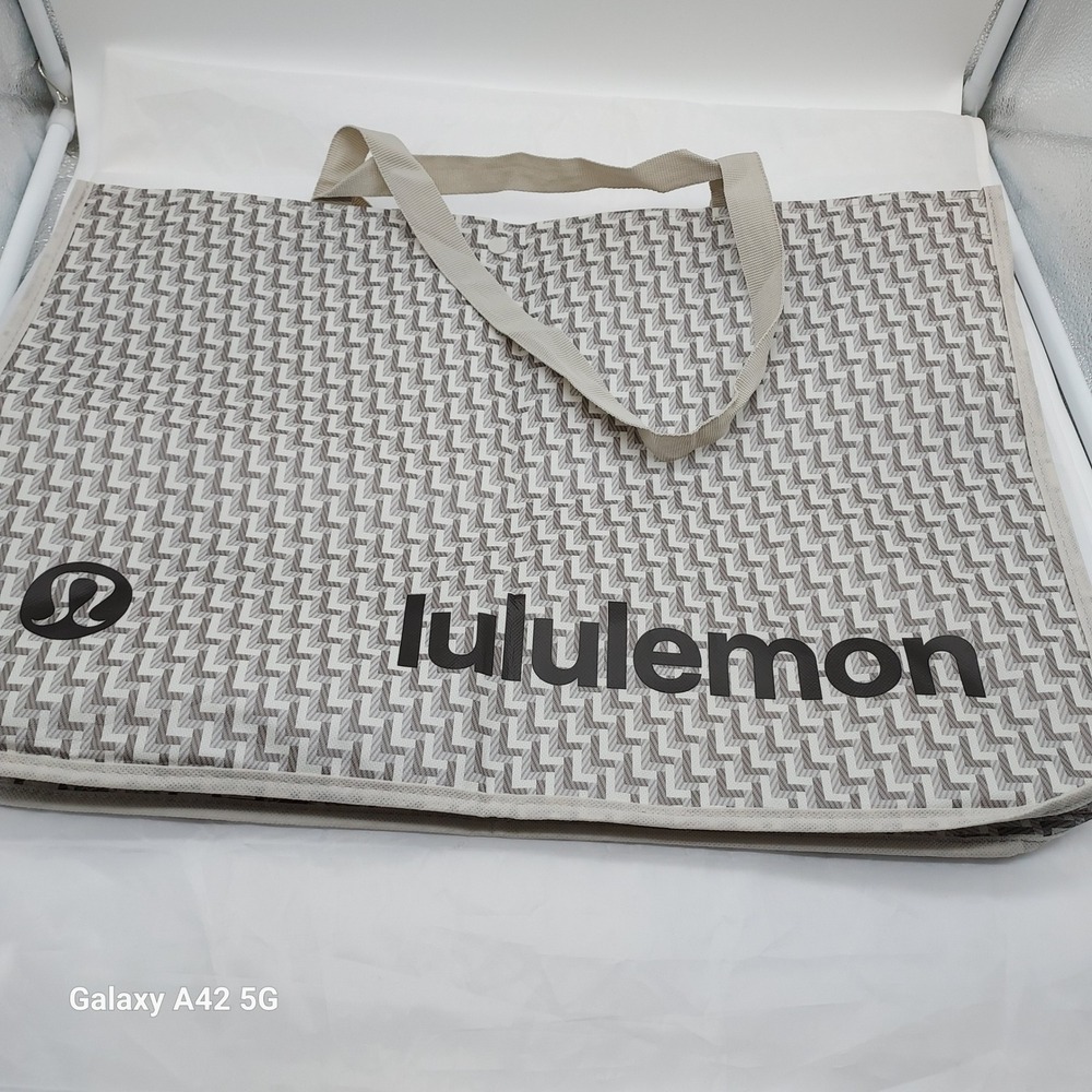 Lululemon Reusable Shopping Tote Bag Large‎ Geometric Monogram Grey Tan Logo